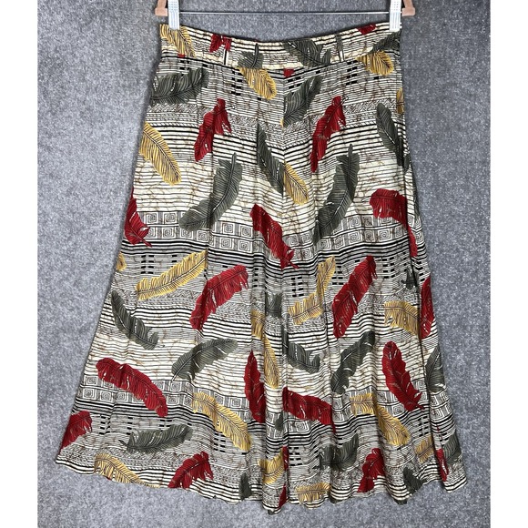 VTG Leslie Fay Sportswear Maxi Skirt Womens Sz 12 Striped Feathers Autumn Colors - Picture 2 of 7